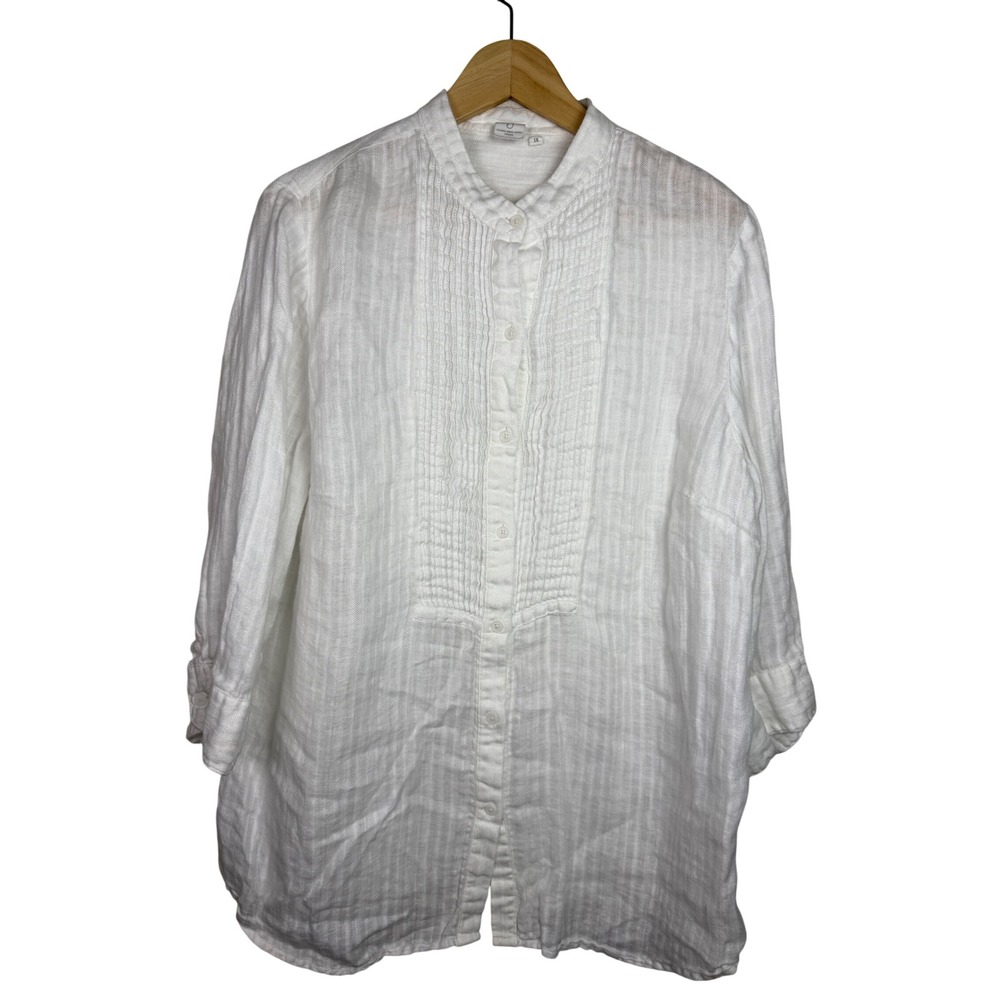 Jones New York Button Down Tunic Womens White Linen Pleated Bib Roll Tab‎ Sleeve